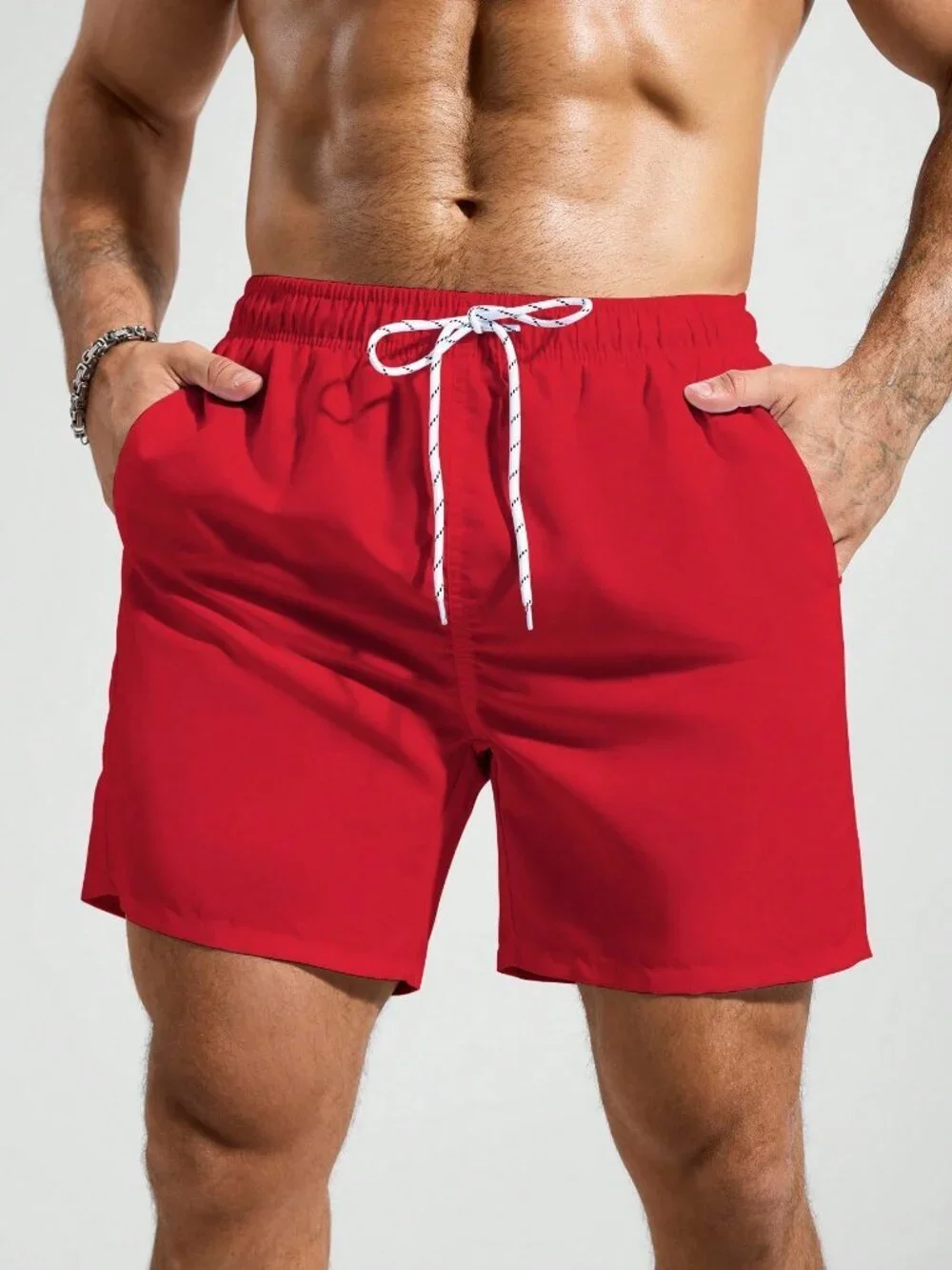 Red Sports Men's Elastic Waist Drawstring Pocket Beach Shorts